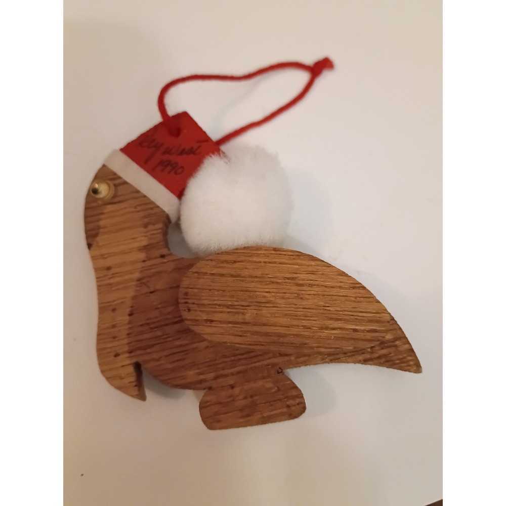 Vintage 1990 Key West Wooden Pelican Christmas Ornament Santa Hat Souvenir